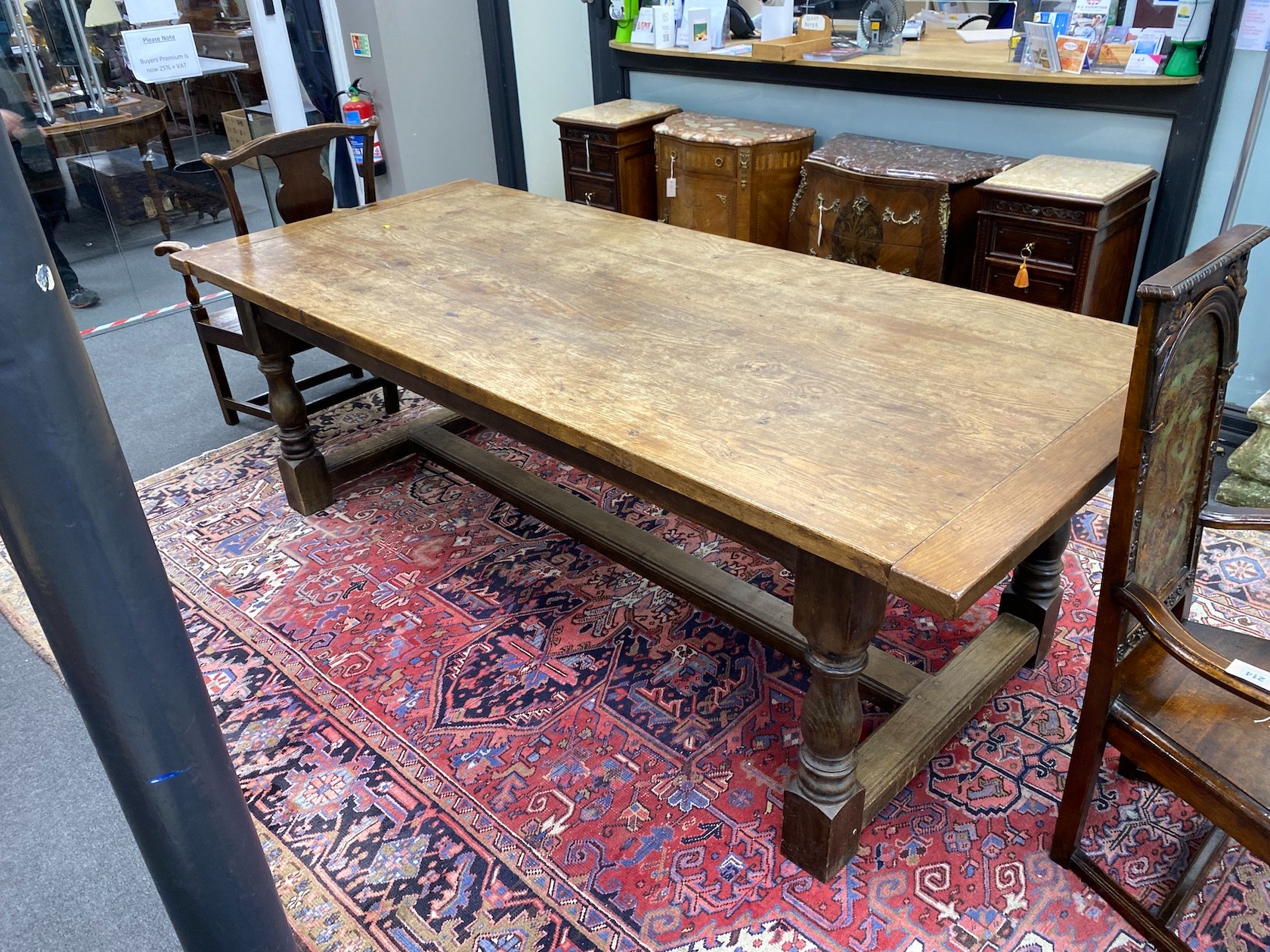 An 18th century style rectangular oak refectory dining table, length 242cm, width 106cm, height 80cm